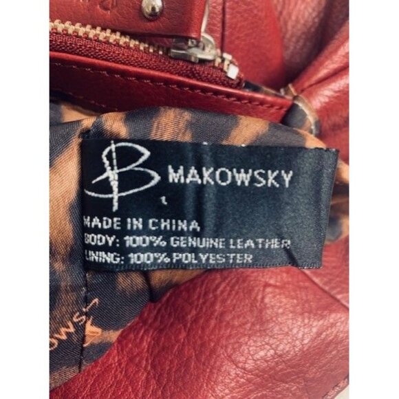 B. Makowsky Red / Purple Soft Leather Tote Bag with Leopard Lining & Zip Pockets - Picture 3 of 11